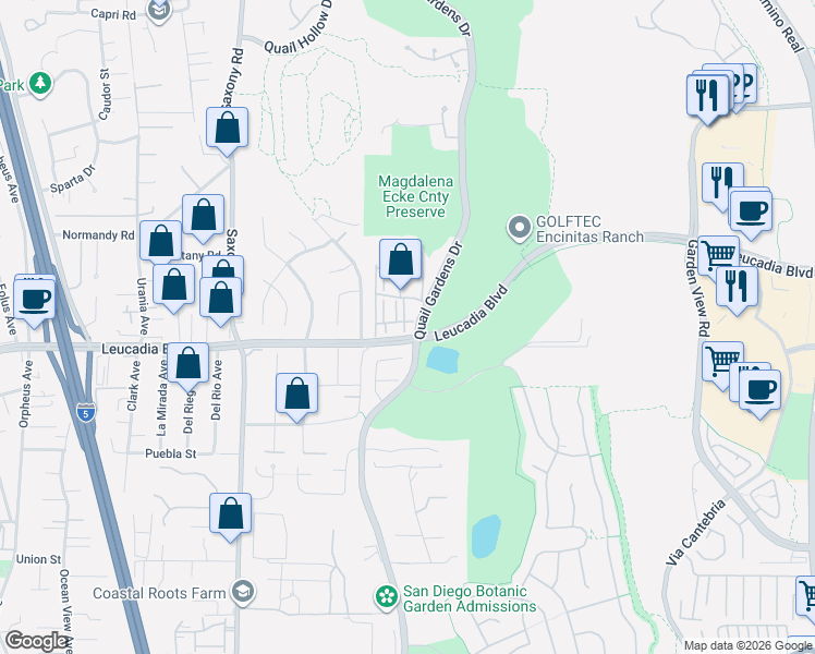 map of restaurants, bars, coffee shops, grocery stores, and more near 1107 Catania Court in Encinitas