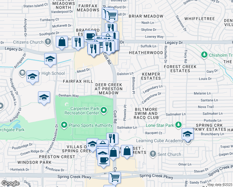 map of restaurants, bars, coffee shops, grocery stores, and more near 6700 Denali Drive in Plano
