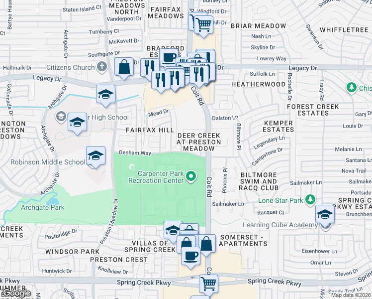 map of restaurants, bars, coffee shops, grocery stores, and more near 4116 Hedgerow Drive in Plano