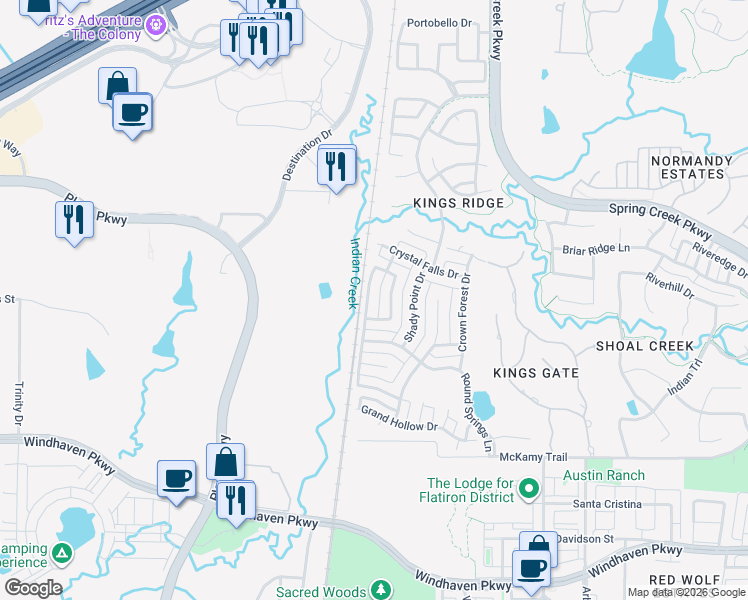 map of restaurants, bars, coffee shops, grocery stores, and more near 6616 Shadow Rock Drive in Plano