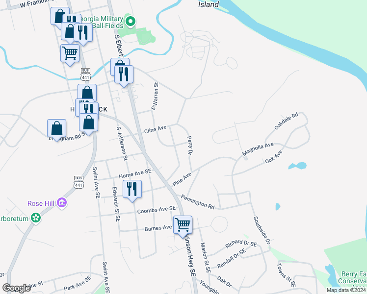 map of restaurants, bars, coffee shops, grocery stores, and more near 2281 Pinewood Drive Southeast in Milledgeville