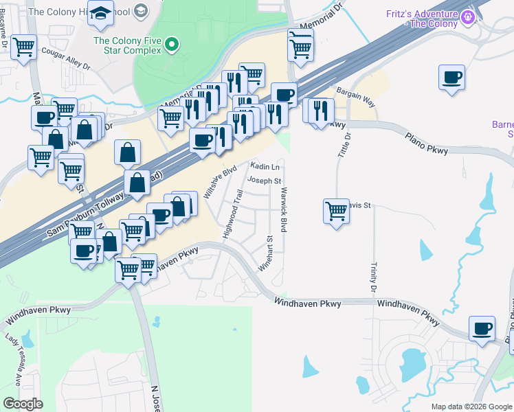 map of restaurants, bars, coffee shops, grocery stores, and more near 5013 Del Molin Avenue in The Colony