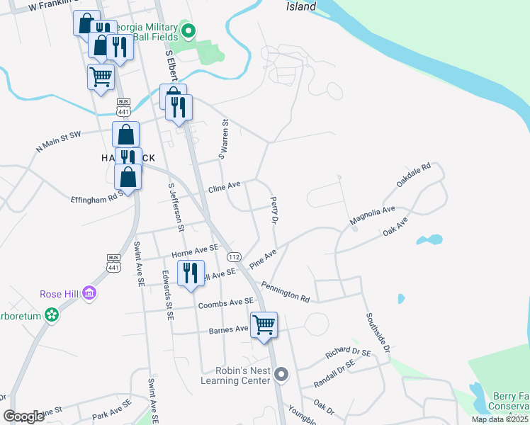 map of restaurants, bars, coffee shops, grocery stores, and more near 2279 Pinewood Drive Southeast in Milledgeville