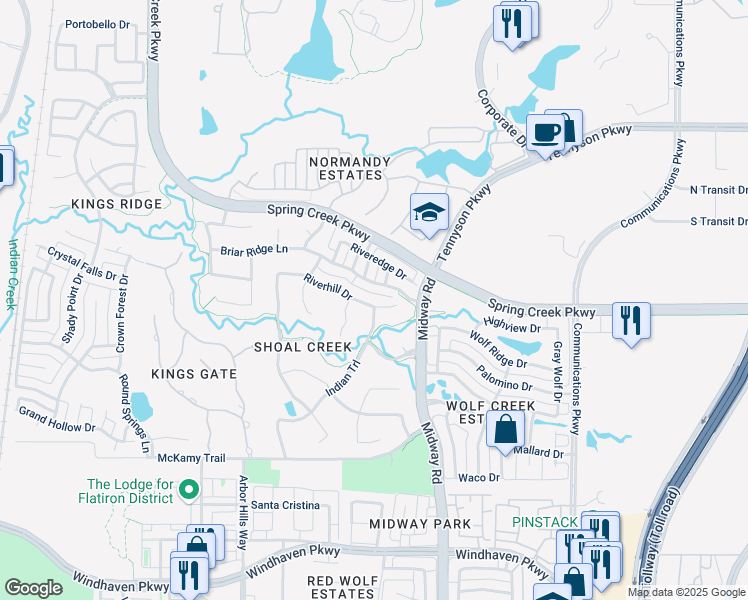 map of restaurants, bars, coffee shops, grocery stores, and more near 6501 Riverhill Drive in Plano