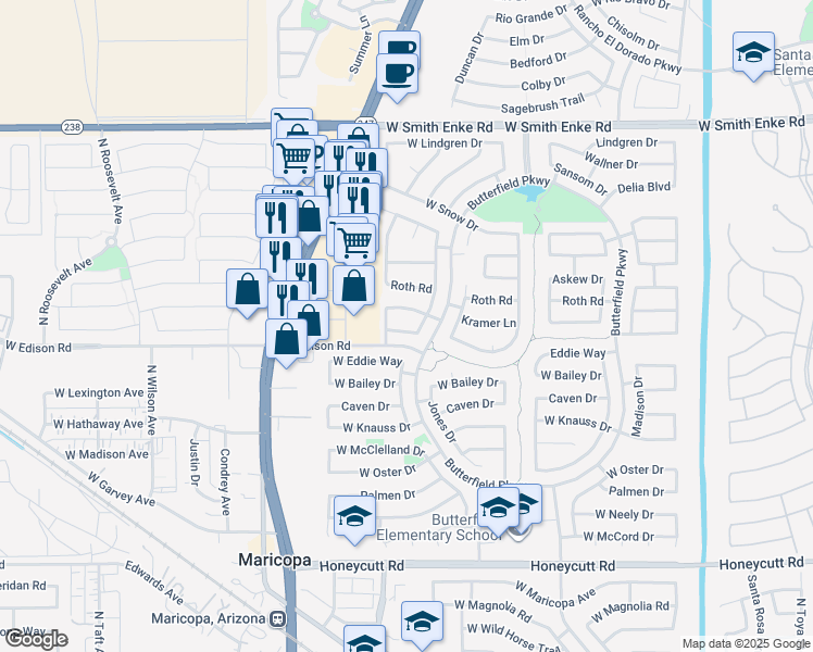 map of restaurants, bars, coffee shops, grocery stores, and more near 44176 West Griffis Drive in Maricopa