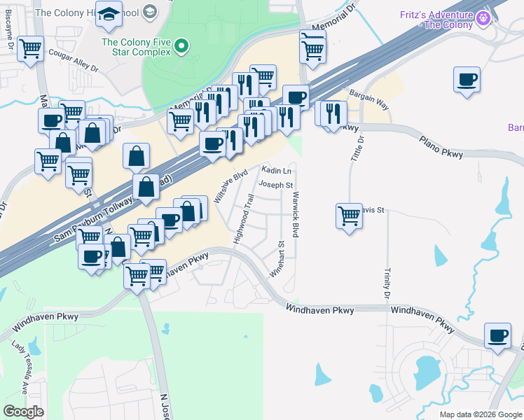 map of restaurants, bars, coffee shops, grocery stores, and more near 5013 Del Molin Avenue in The Colony