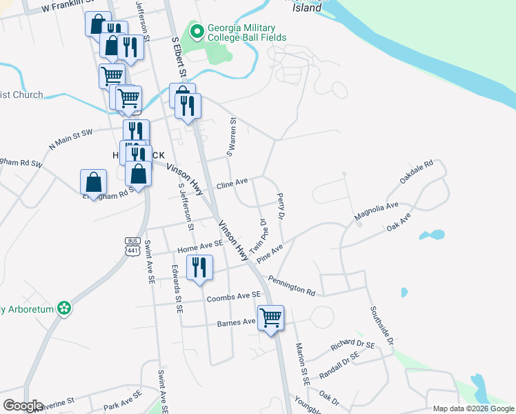 map of restaurants, bars, coffee shops, grocery stores, and more near 2279 Pinewood Drive in Milledgeville