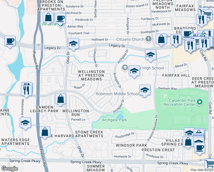 map of restaurants, bars, coffee shops, grocery stores, and more near 6825 Alcove Lane in Plano