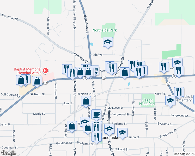 map of restaurants, bars, coffee shops, grocery stores, and more near Mississippi 12 in Kosciusko