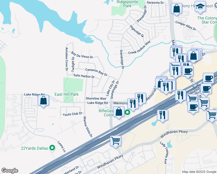 map of restaurants, bars, coffee shops, grocery stores, and more near 641 Lake City Drive in Lewisville
