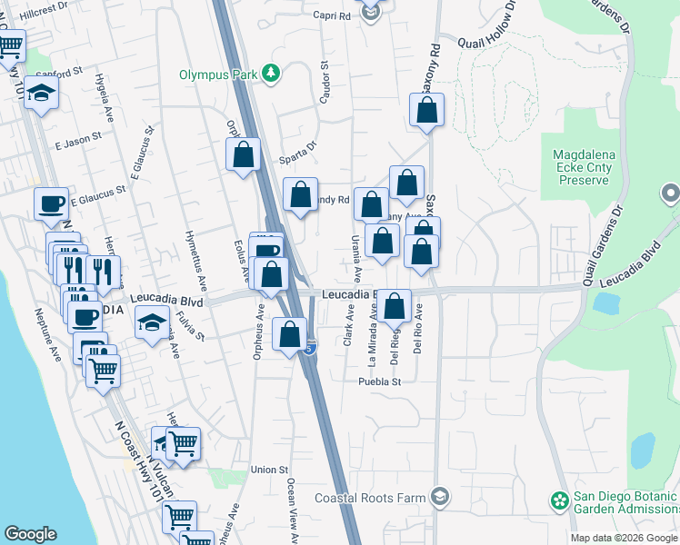 map of restaurants, bars, coffee shops, grocery stores, and more near 956 Urania Avenue in Encinitas
