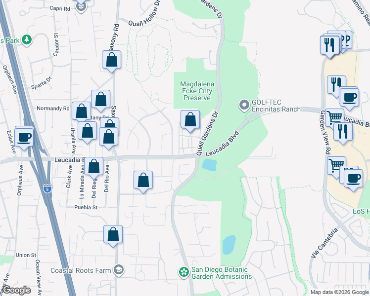 map of restaurants, bars, coffee shops, grocery stores, and more near 1110-1120 Quail Gardens Drive in Encinitas