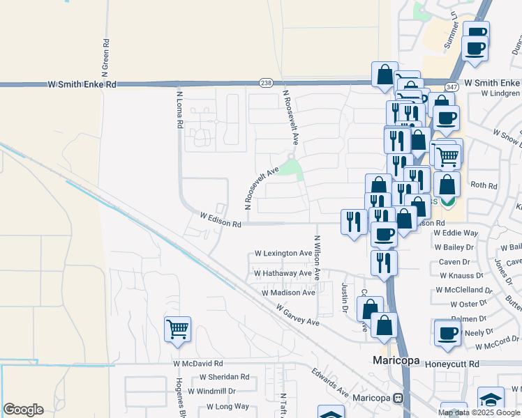 map of restaurants, bars, coffee shops, grocery stores, and more near 45448 Miramar Road in Maricopa
