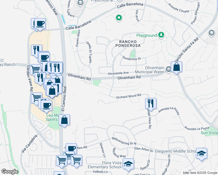map of restaurants, bars, coffee shops, grocery stores, and more near 1704 Willowhaven Road in Encinitas