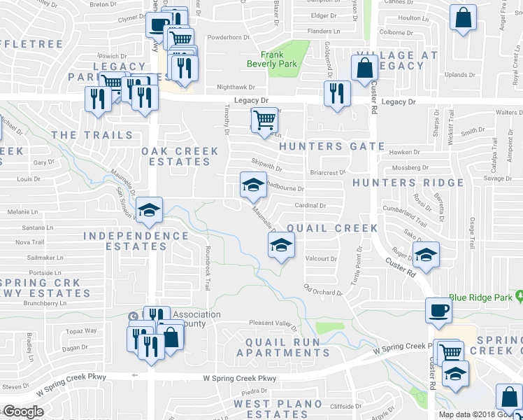 map of restaurants, bars, coffee shops, grocery stores, and more near 6700 Ishnala Trail in Plano