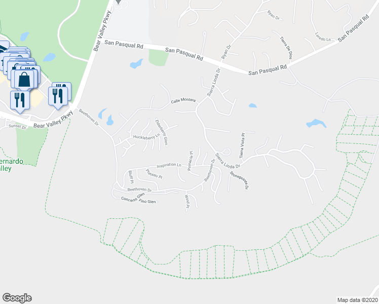 map of restaurants, bars, coffee shops, grocery stores, and more near 3817 Pinnacle Place in Escondido