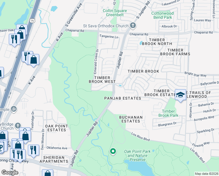 map of restaurants, bars, coffee shops, grocery stores, and more near 6700 Okaloosa Circle in Plano