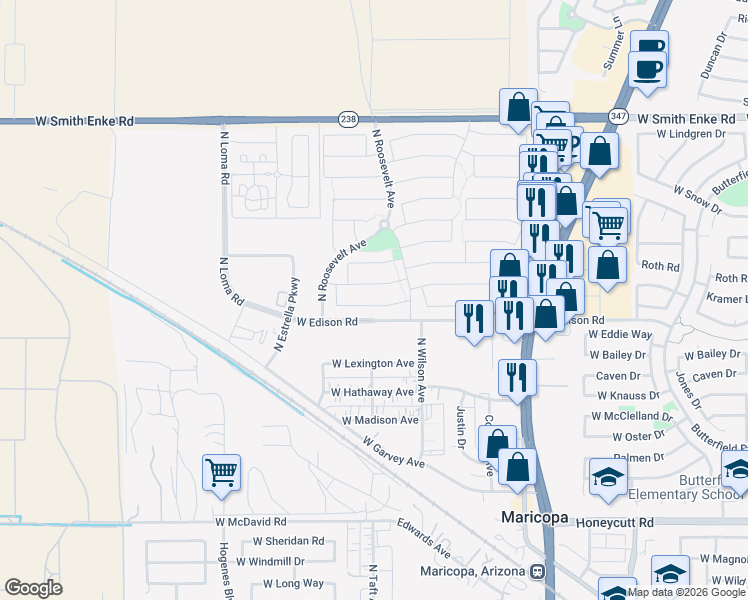 map of restaurants, bars, coffee shops, grocery stores, and more near 45306 Miramar Road in Maricopa