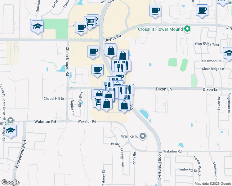 map of restaurants, bars, coffee shops, grocery stores, and more near 5871 Long Prairie Road in Flower Mound