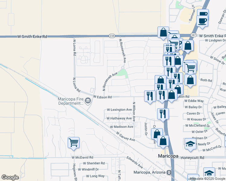 map of restaurants, bars, coffee shops, grocery stores, and more near 45448 Miramar Road in Maricopa