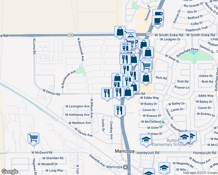 map of restaurants, bars, coffee shops, grocery stores, and more near 44866 Bahia Drive in Maricopa