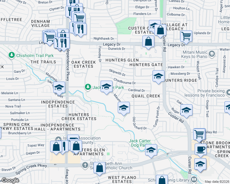 map of restaurants, bars, coffee shops, grocery stores, and more near 6700 Ishnala Trail in Plano