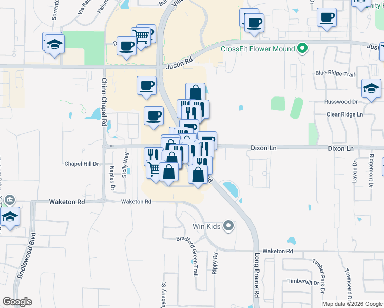 map of restaurants, bars, coffee shops, grocery stores, and more near 5871 Long Prairie Road in Flower Mound