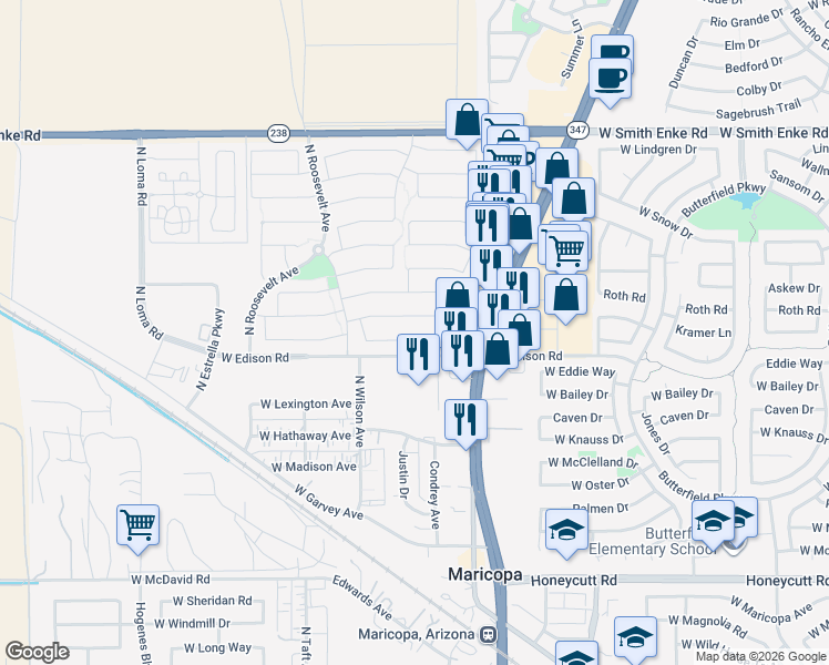 map of restaurants, bars, coffee shops, grocery stores, and more near 44914 West Bahia Drive in Maricopa