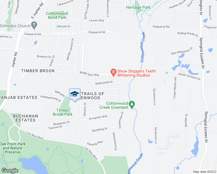 map of restaurants, bars, coffee shops, grocery stores, and more near 3625 Danbury Lane in Plano