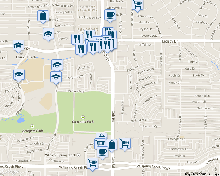 map of restaurants, bars, coffee shops, grocery stores, and more near 6736 Hillhaven Dr in Plano