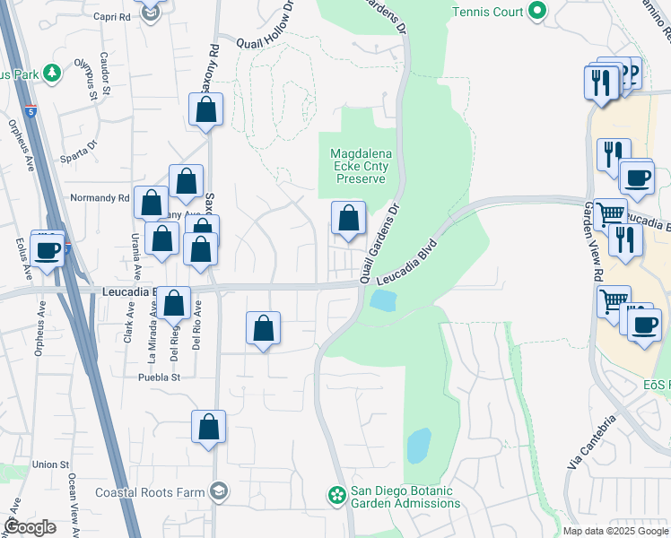 map of restaurants, bars, coffee shops, grocery stores, and more near Anacona Place in Encinitas