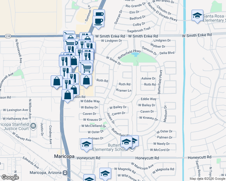 map of restaurants, bars, coffee shops, grocery stores, and more near 20486 Jones Drive in Maricopa