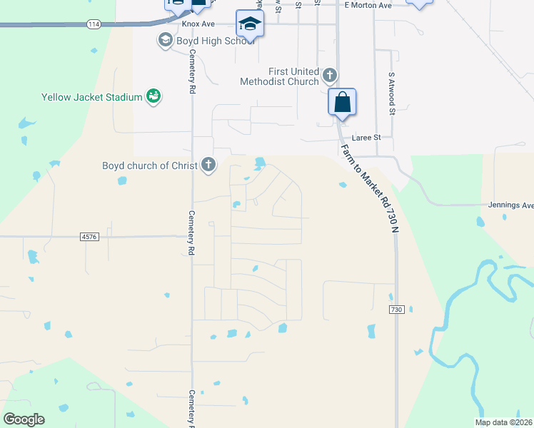 map of restaurants, bars, coffee shops, grocery stores, and more near 404 Green Meadow Court in Boyd
