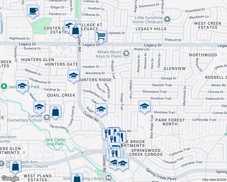 map of restaurants, bars, coffee shops, grocery stores, and more near 6629 Wickliff Trail in Plano
