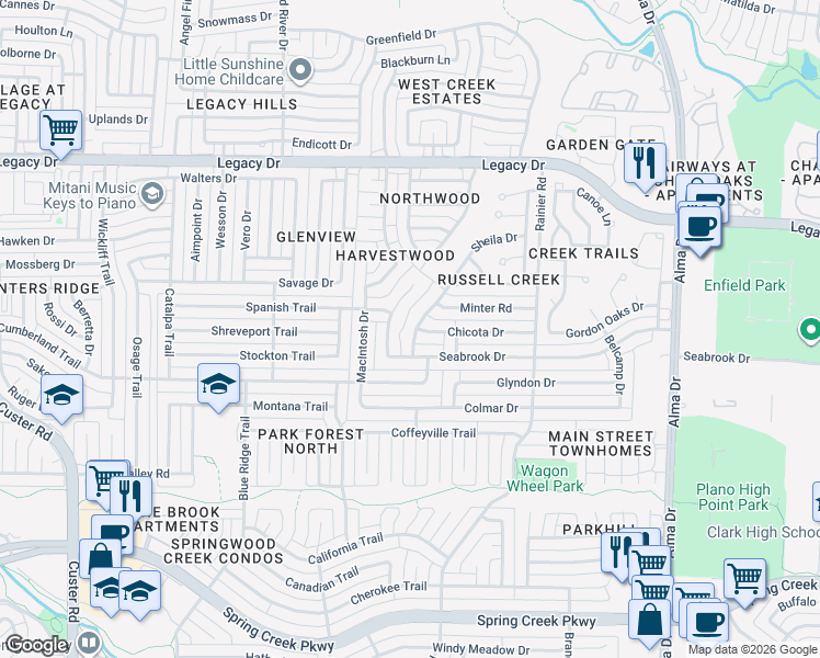 map of restaurants, bars, coffee shops, grocery stores, and more near 6633 Manitowoc Drive in Plano