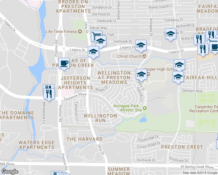 map of restaurants, bars, coffee shops, grocery stores, and more near 4632 Wales Drive in Plano