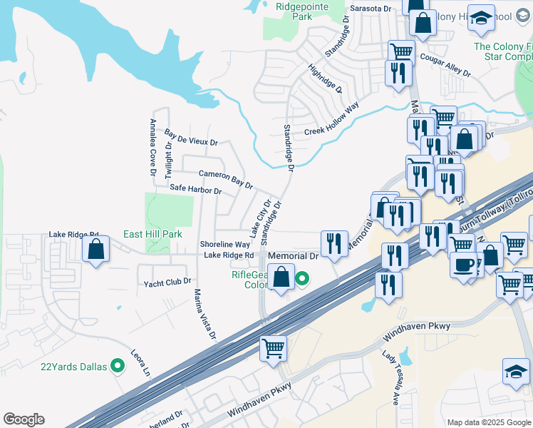 map of restaurants, bars, coffee shops, grocery stores, and more near 641 Lake City Drive in Lewisville