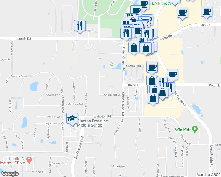 map of restaurants, bars, coffee shops, grocery stores, and more near 298 North Hill Court in Double Oak