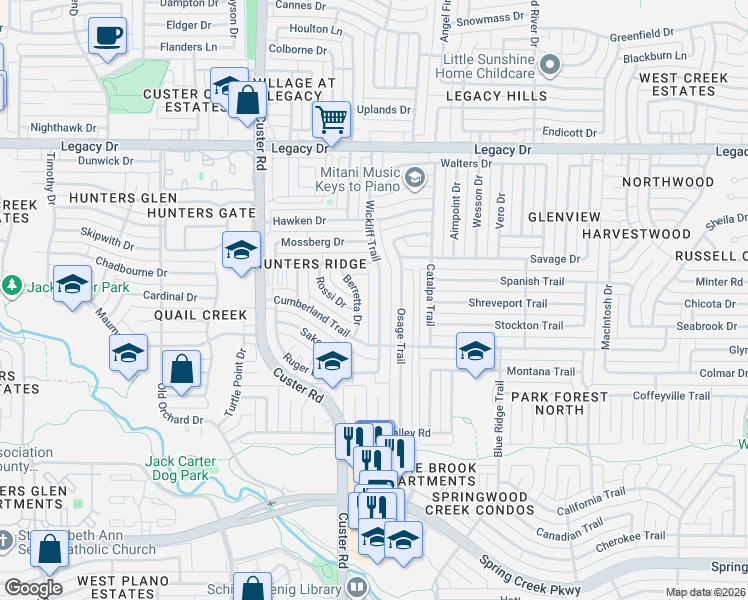 map of restaurants, bars, coffee shops, grocery stores, and more near 6629 Wickliff Trail in Plano