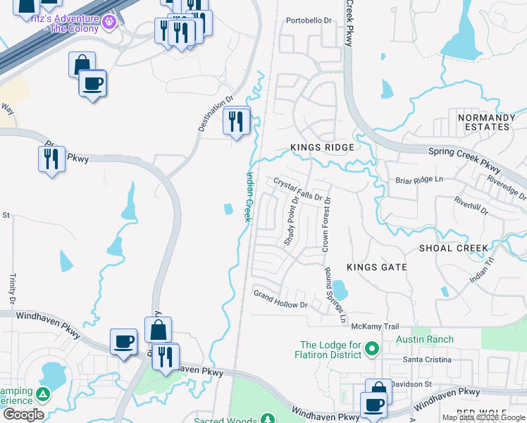 map of restaurants, bars, coffee shops, grocery stores, and more near 6616 Shadow Rock Drive in Plano