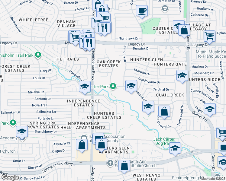 map of restaurants, bars, coffee shops, grocery stores, and more near 2800 Maumelle Drive in Plano