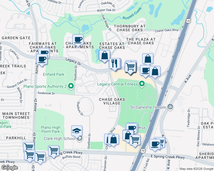 map of restaurants, bars, coffee shops, grocery stores, and more near 333 Metropolitan Drive in Plano