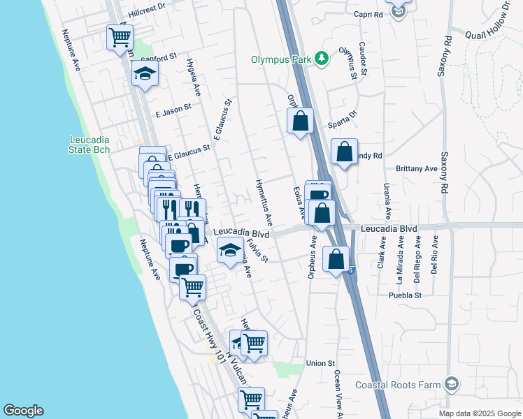 map of restaurants, bars, coffee shops, grocery stores, and more near 936 Hymettus Avenue in Encinitas