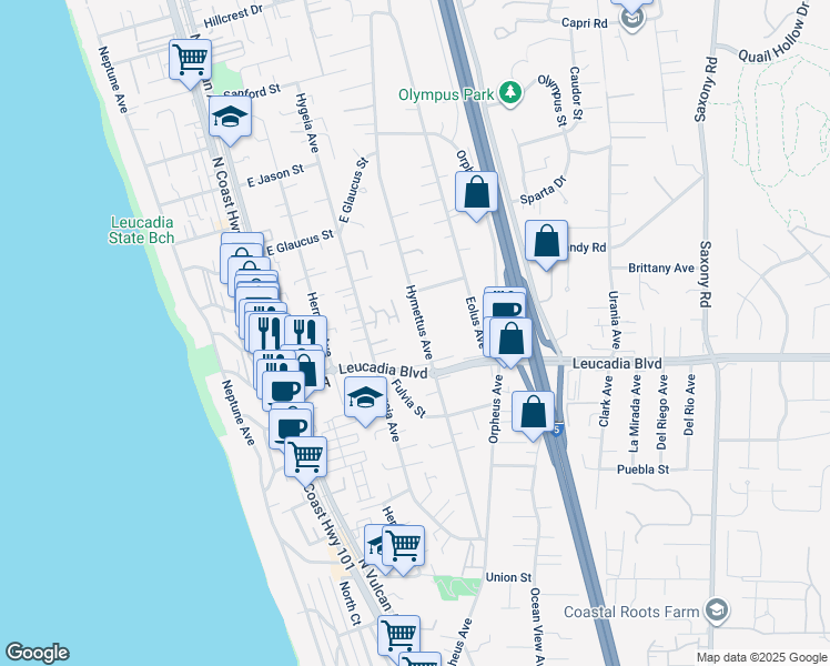 map of restaurants, bars, coffee shops, grocery stores, and more near 3rd Street in Encinitas