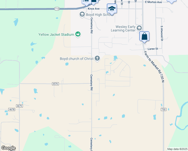 map of restaurants, bars, coffee shops, grocery stores, and more near 429 Cemetery Road in Boyd