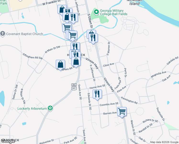 map of restaurants, bars, coffee shops, grocery stores, and more near 121 Cline Avenue in Milledgeville