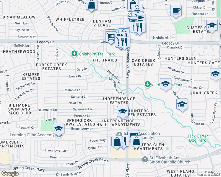 map of restaurants, bars, coffee shops, grocery stores, and more near 6700 Leslie Court in Plano