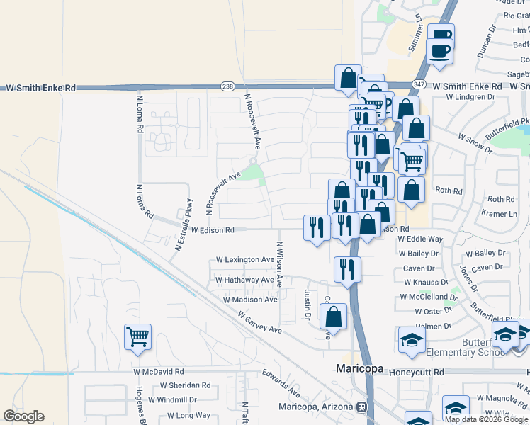 map of restaurants, bars, coffee shops, grocery stores, and more near 45194 Miramar Road in Maricopa