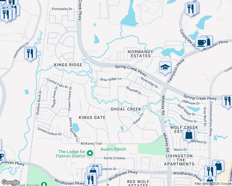 map of restaurants, bars, coffee shops, grocery stores, and more near 6621 Riverside Drive in Plano