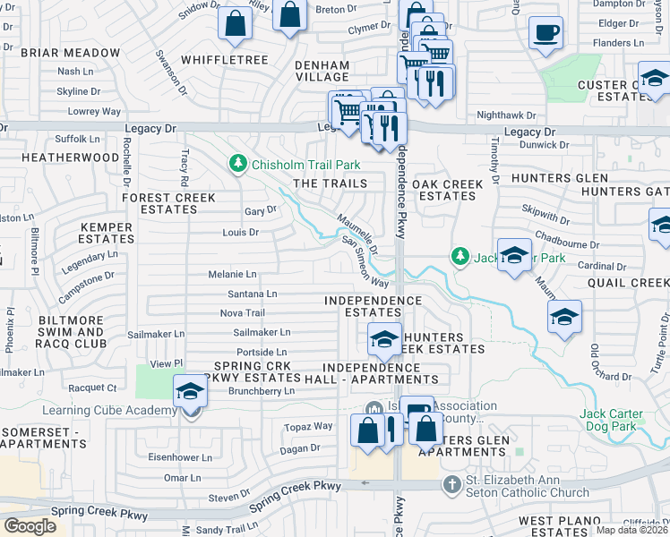 map of restaurants, bars, coffee shops, grocery stores, and more near 6700 Leslie Court in Plano